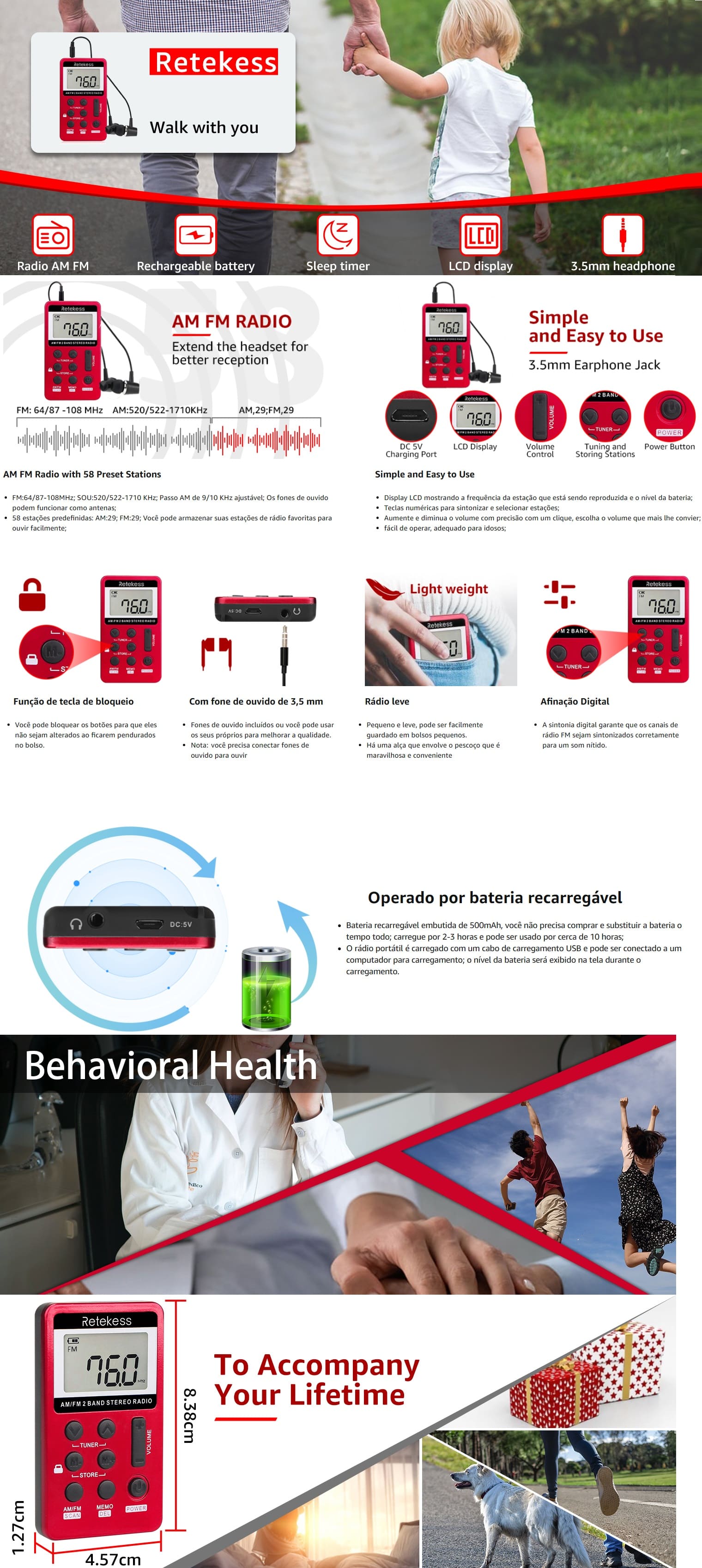 Mini Radio Digital Portatil FM Ratekess Fone de Ouvido Vermelho V112