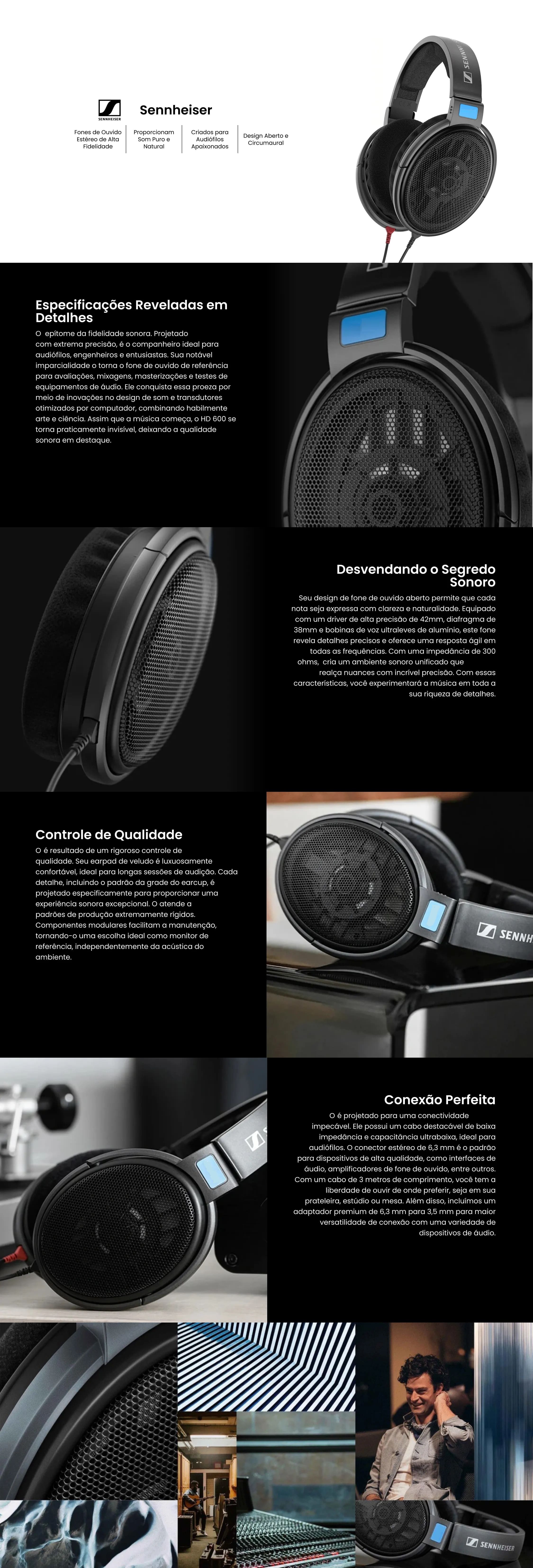 Fone de Ouvido com Fio Sennheiser 97 db Adaptador 6.3mm Preto HD600