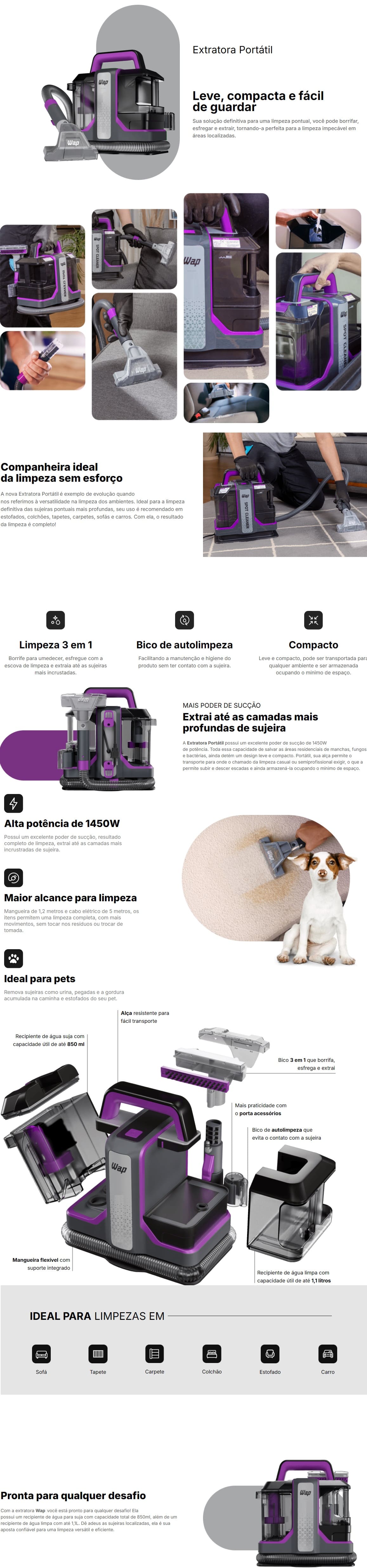 Extratora de Sujeiras 3X1 Wap 1450W Portatil 1.8L Spot cleaner W3