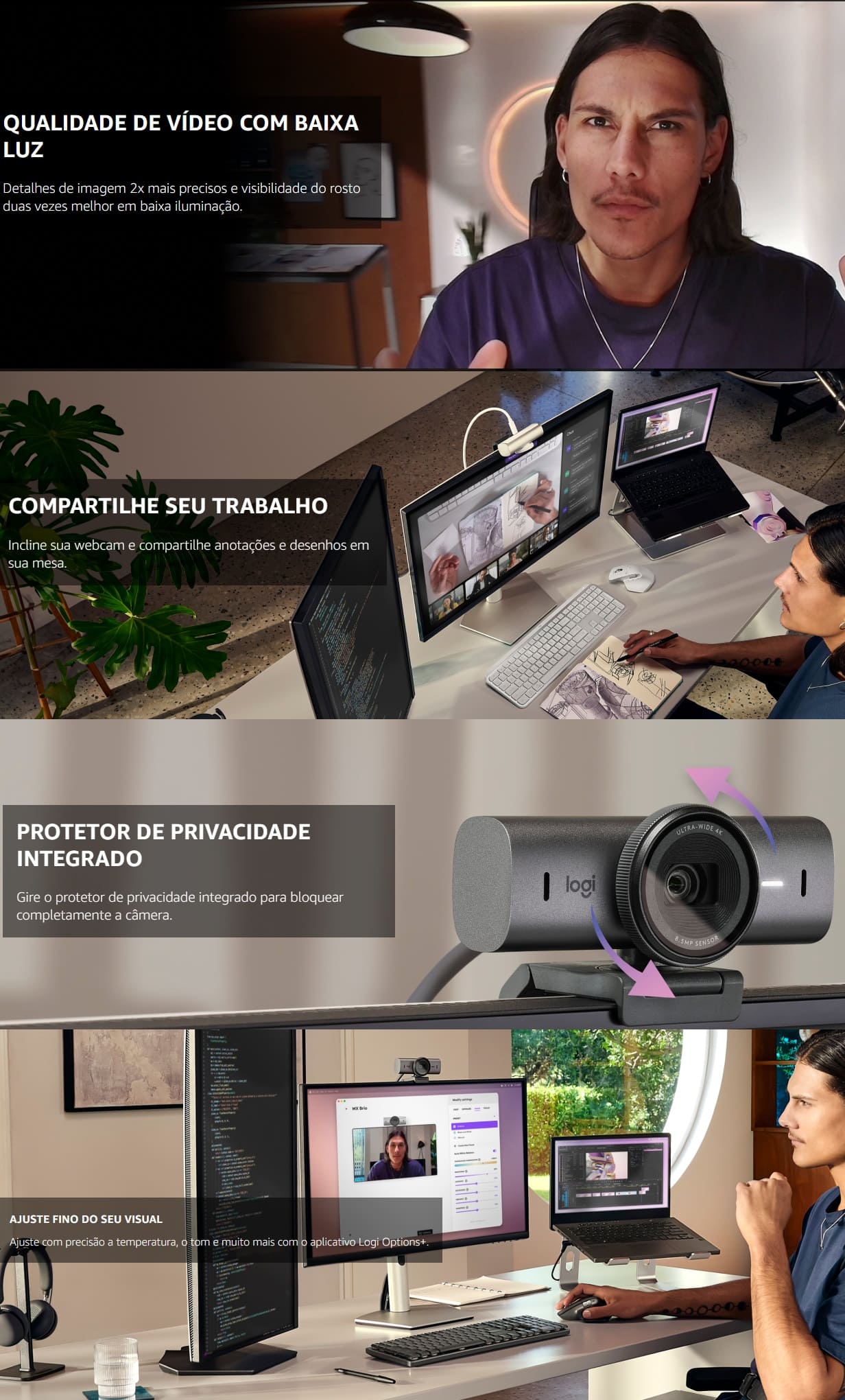 Webcam 4K UHD Logitech Microfone Reduçao de Ruido USB C MX Brio