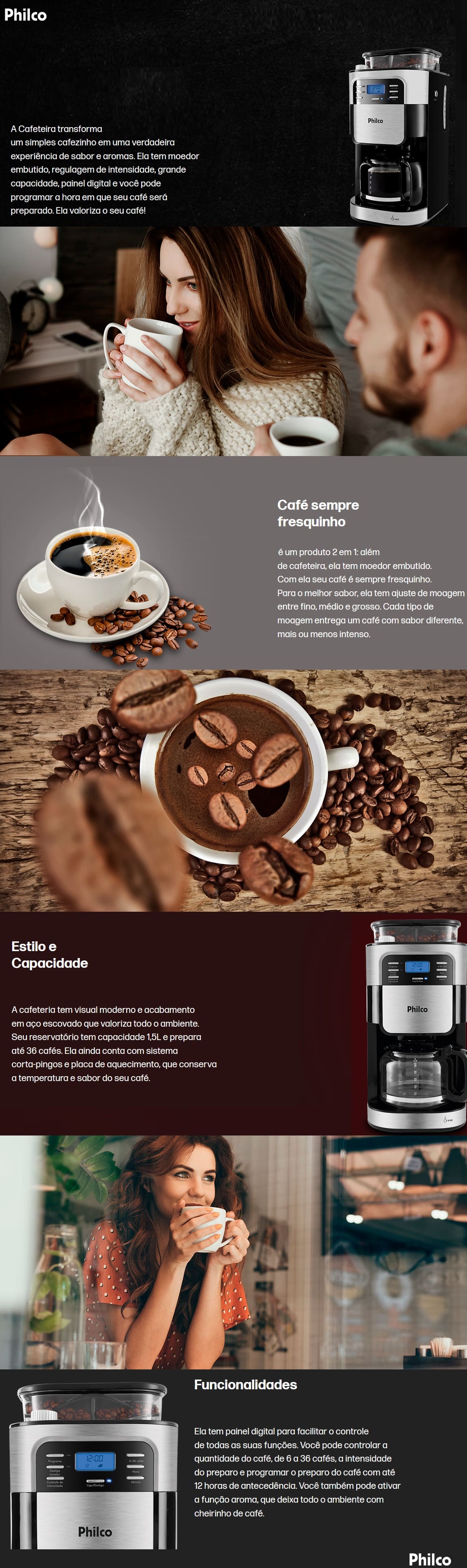 Cafeteira,Digital,Philco,36,Cafes,950W,Reservatorio,1.5L,com,Moedor,Grano,Perfetto,PCF22PI