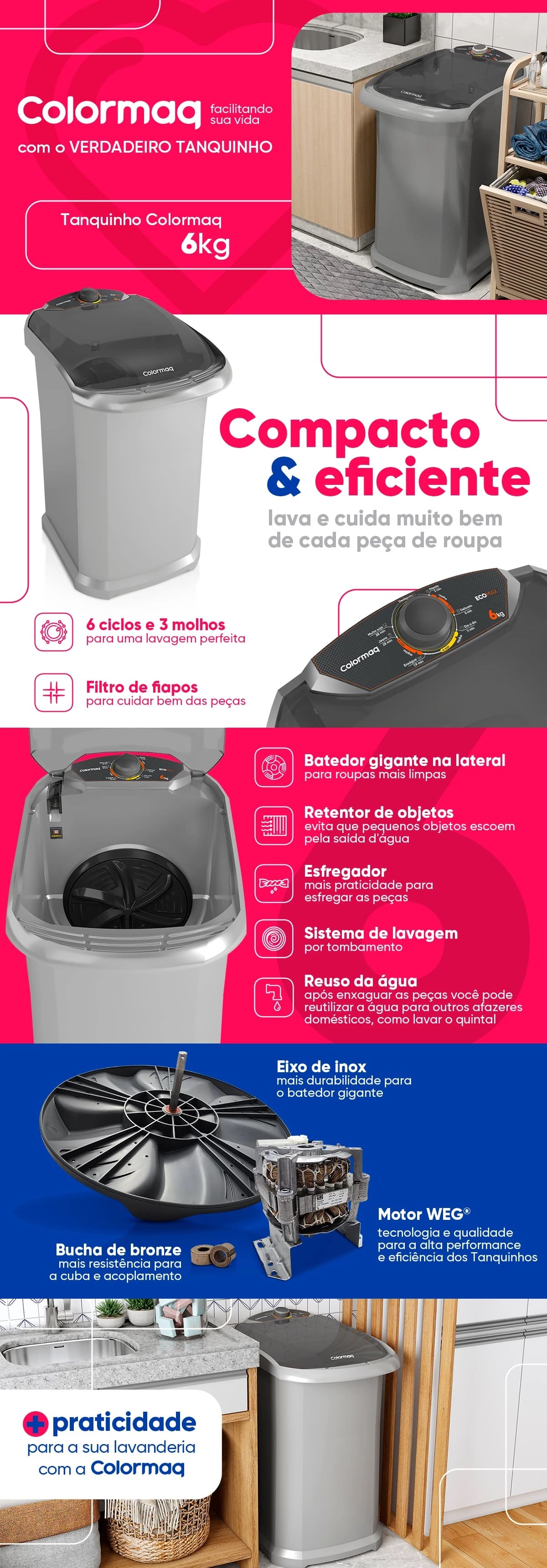 Tanquinho Colormaq 6Kg Timer 5 Programas Lavagem Prata Ecomax