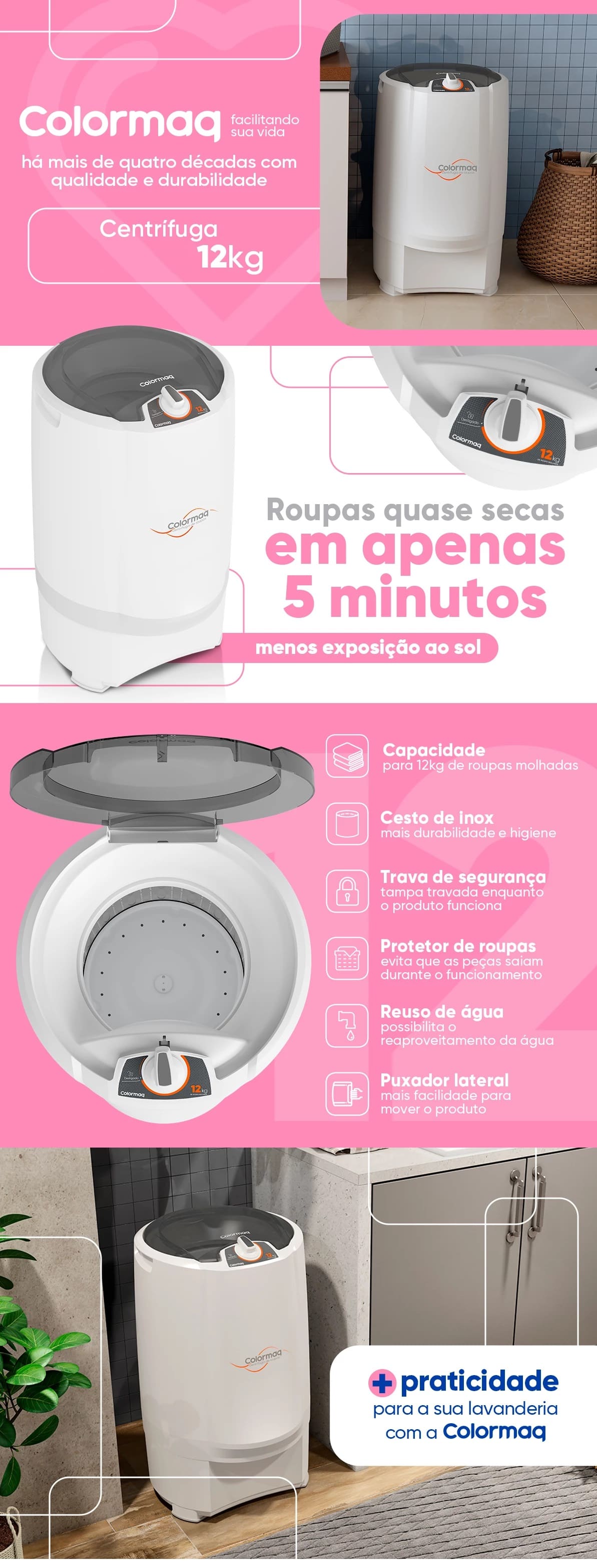 Centrifuga de Roupas 12Kg Colormaq Cesto Inox Abertura Automatica