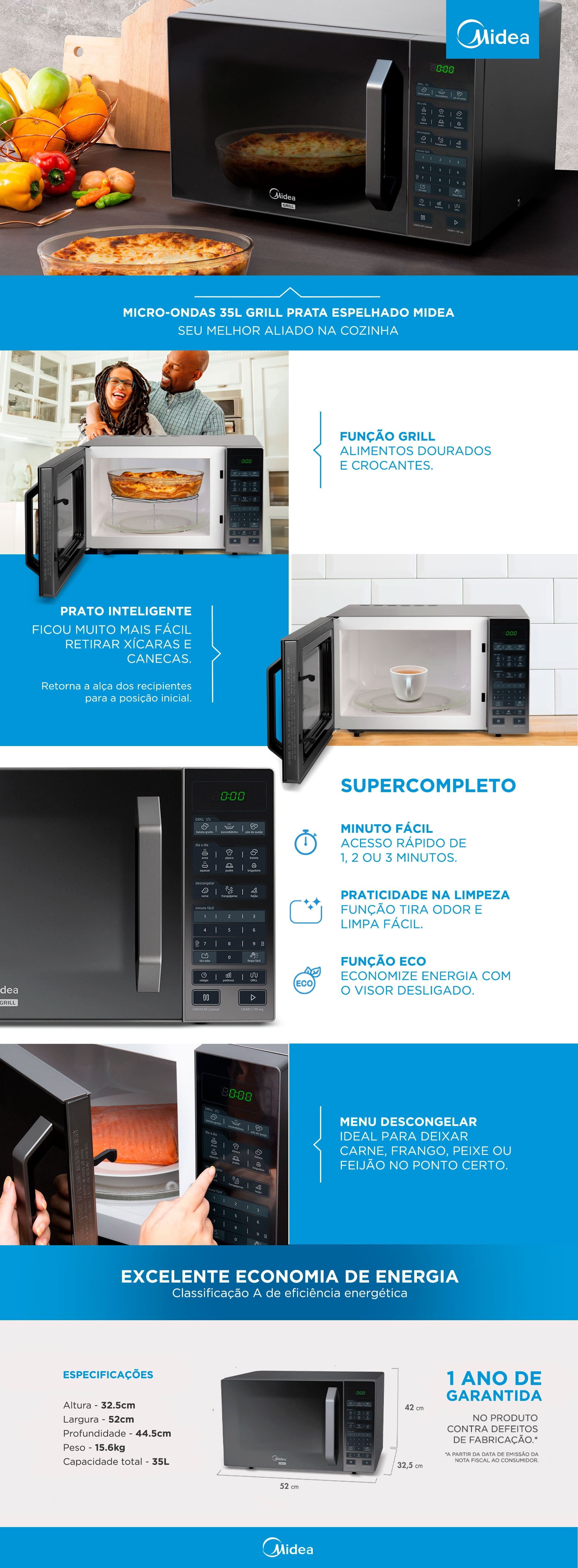 Micro Ondas Midea 27L Prato Inteligente 1270W Prata Espelhado MXSA27S1