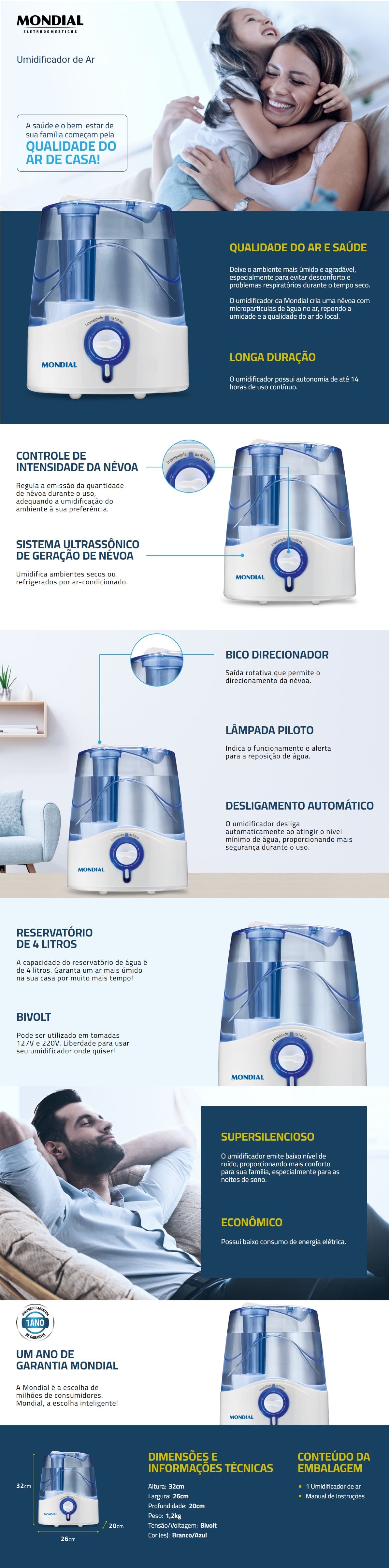 Umidificador de Ar Portatil 35W Mondial 4L Bivolt UA07 confort