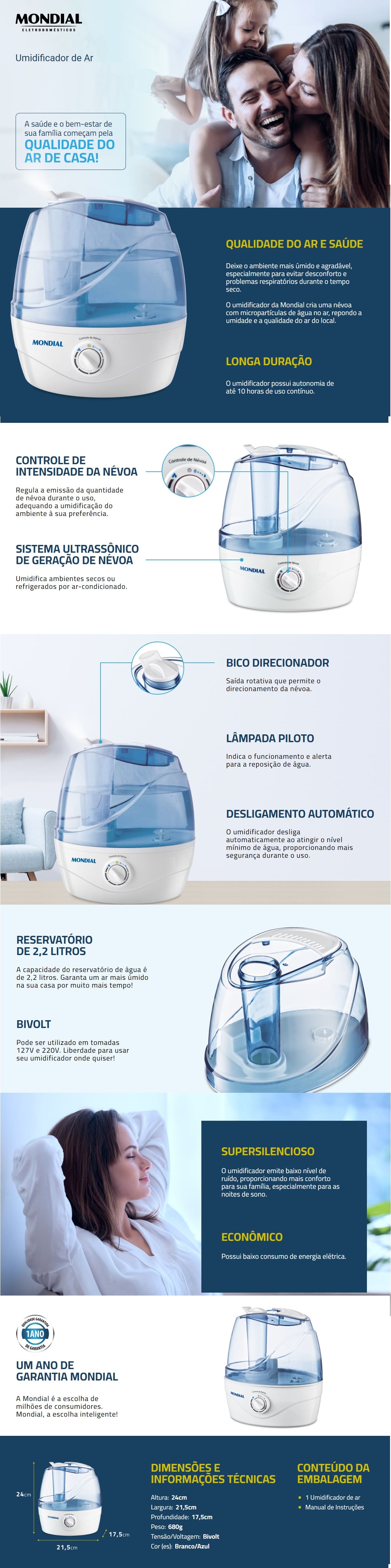 Umidificador de Ar Portatil Mondial 2.2L Ultrassonico Bivolt NUA02