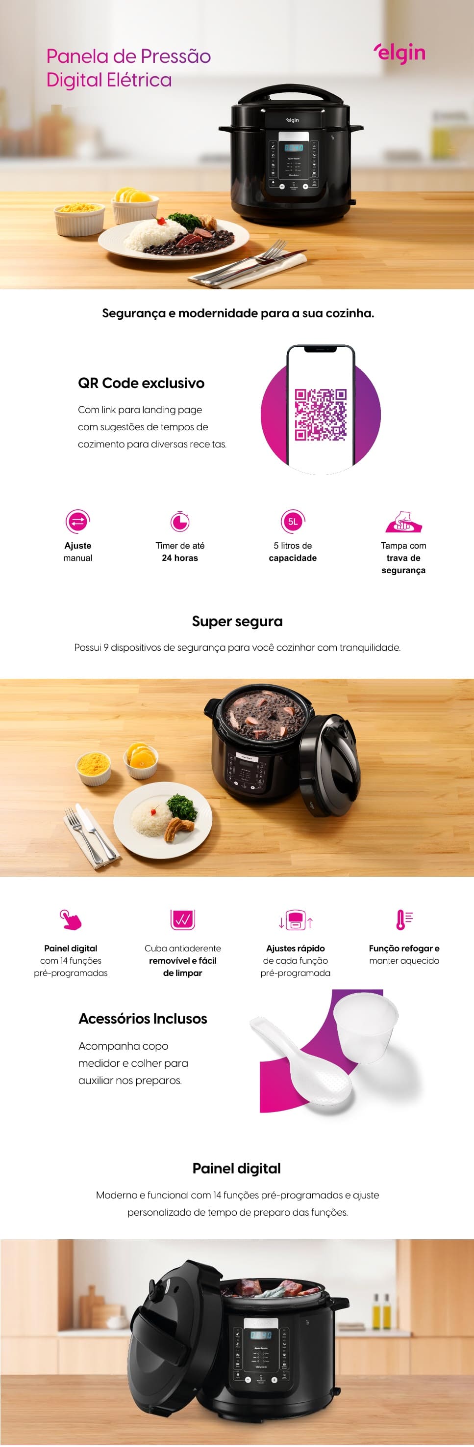 Panela de Pressao Eletrica 5L Elgin 900W Digital 14 Funçoes 127v Preta multi cook