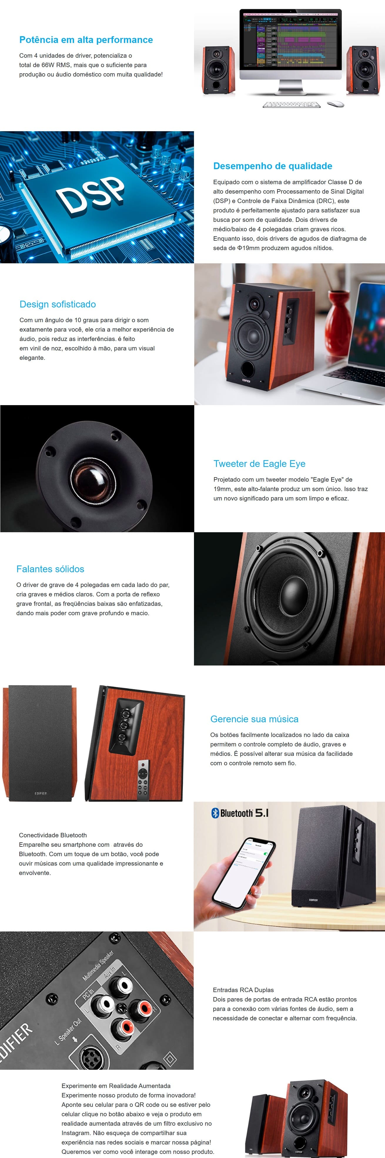 Caixa de Som Monitor de Audio Edifier 66W Bluetooth Madeira R1700BT