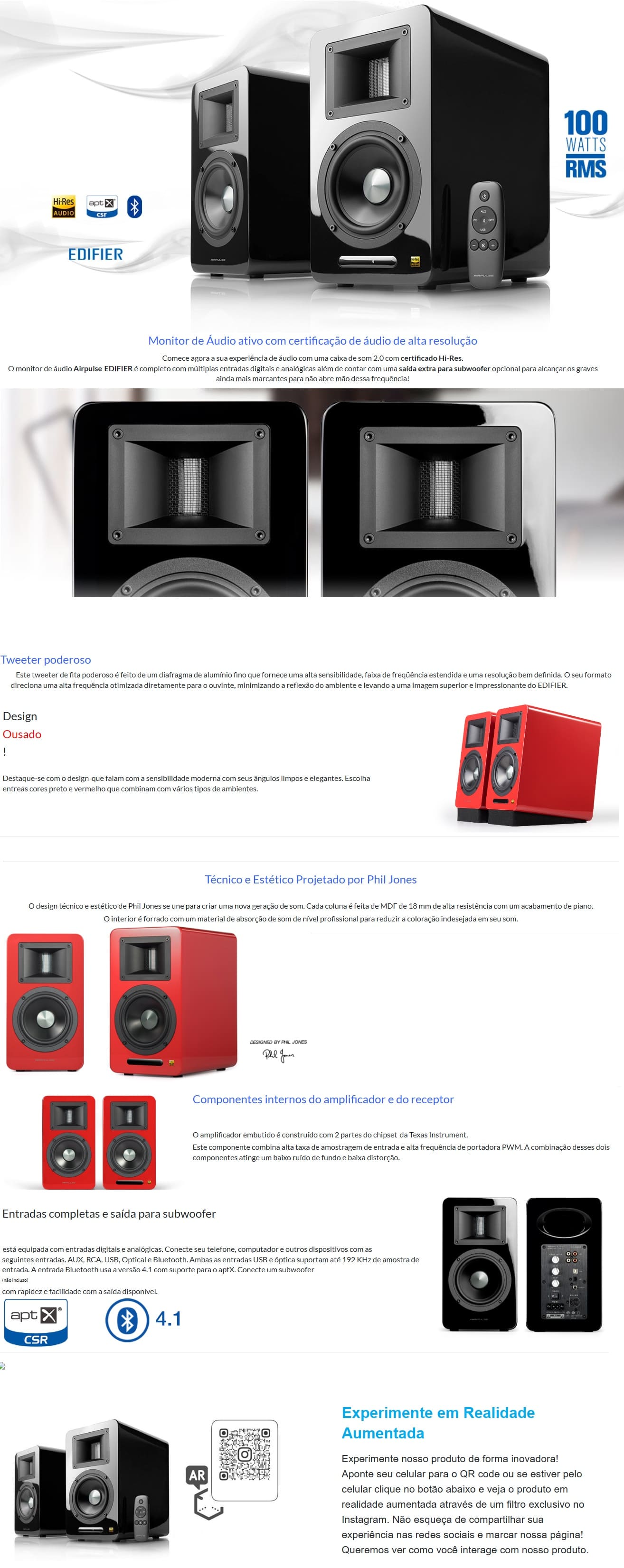 Caixa de Som Monitor de Audio Edifier 100W Bluetooth USB A100 airpulse
