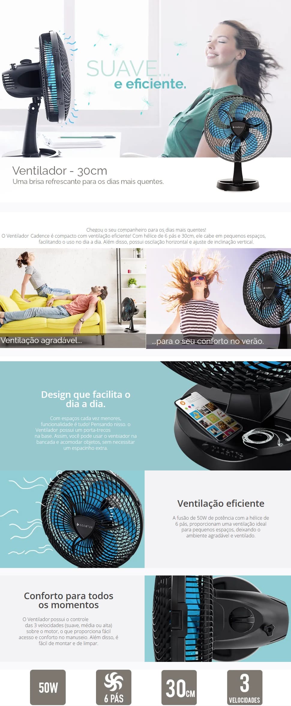 Ventilador,de,Mesa,30cm,Cadence,50W,3,Velocidades,Preto,Azul,new,windy
