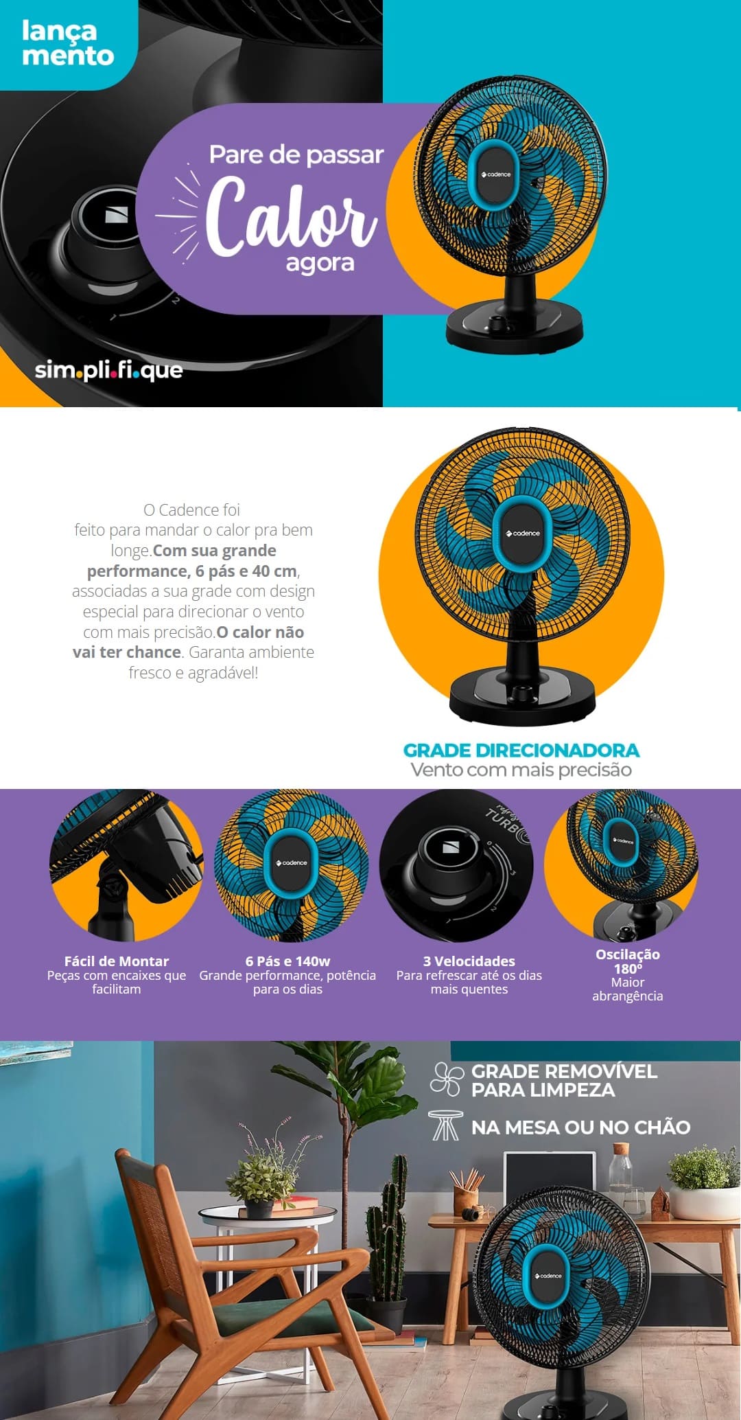 Ventilador 40cm Cadence 140W 3 Velocidades Turbo Preto Refresh Turbo Pro VTR420