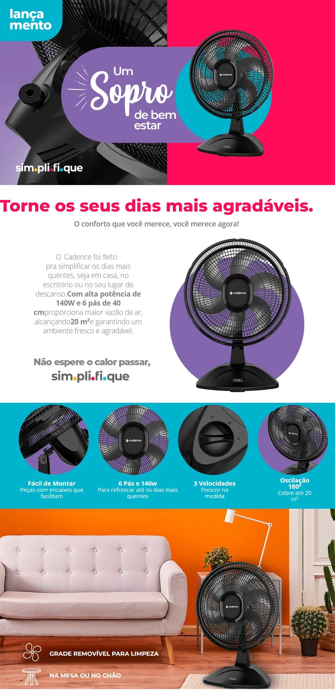Ventilador 40cm Cadence 140W 3 Velocidades Turbo Preto Refresh Turbo Pro VTR420