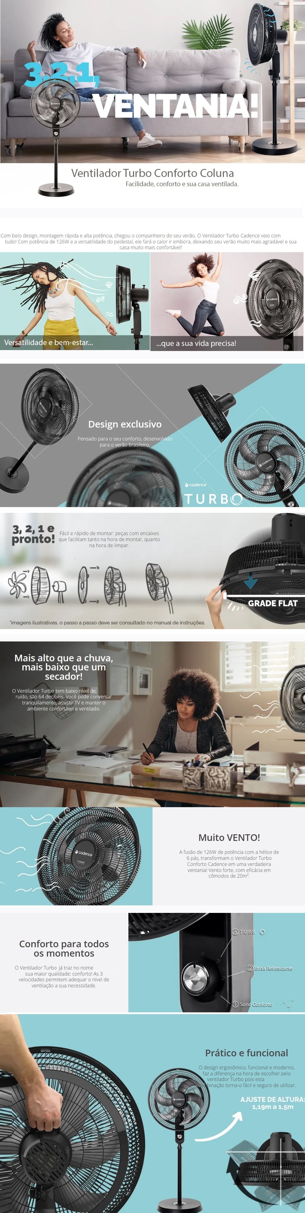 Ventilador Coluna 42cm Cadence 150W 3 Velocidades Turbo Preto Turbo conforto coluna VTR870