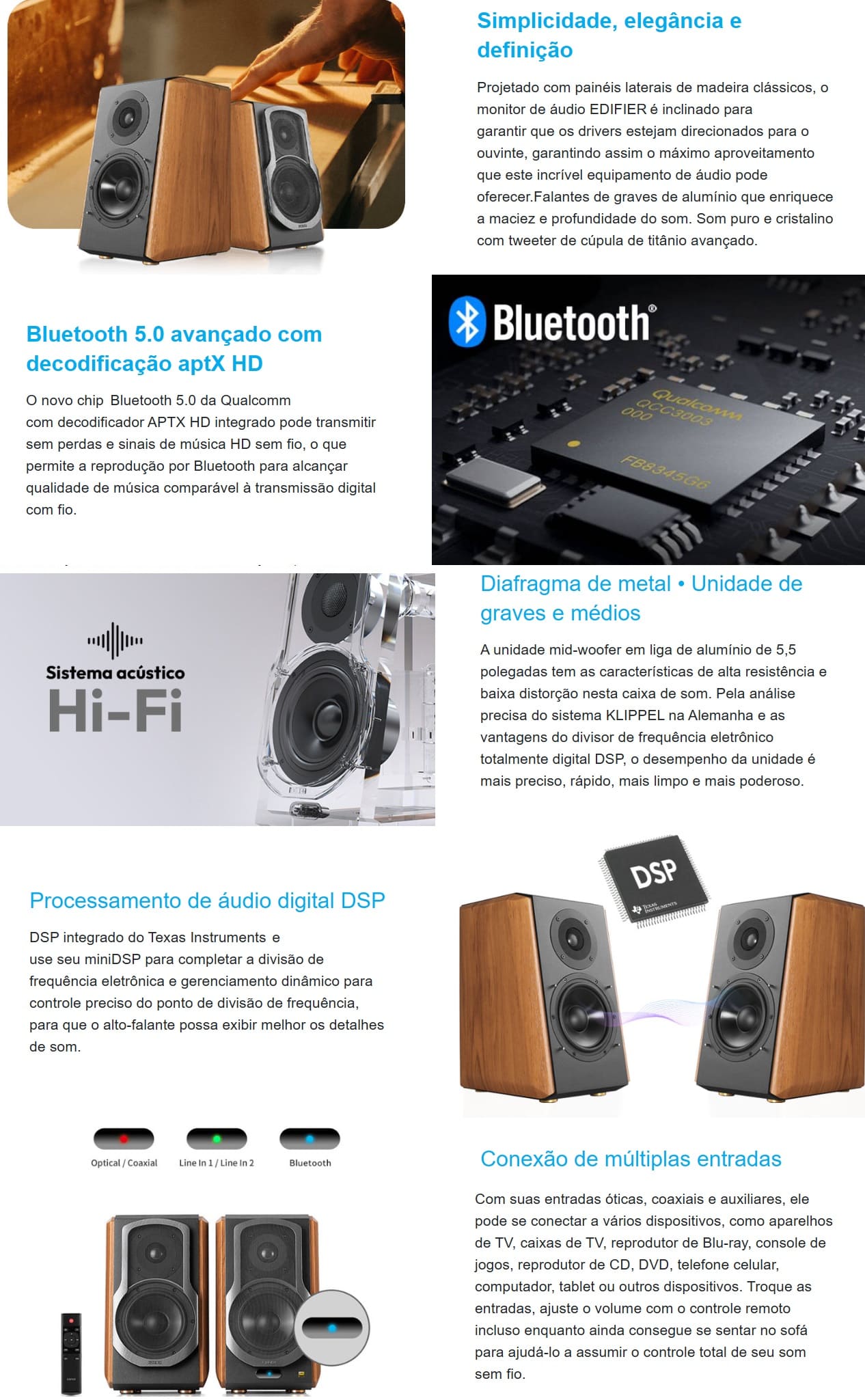 Caixa de Som Monitor 120W Edifier 90 db Bluetooth Controle Remoto Madeira S1000MKII