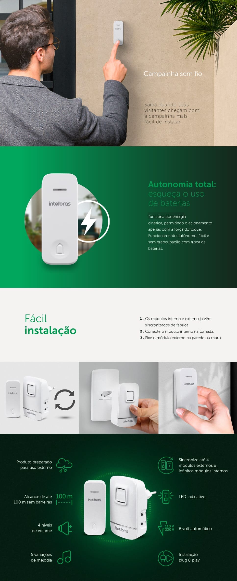 Campainha,Sem,Fio,Intelbras Cinetica5,Melodias,Branca,CIK200