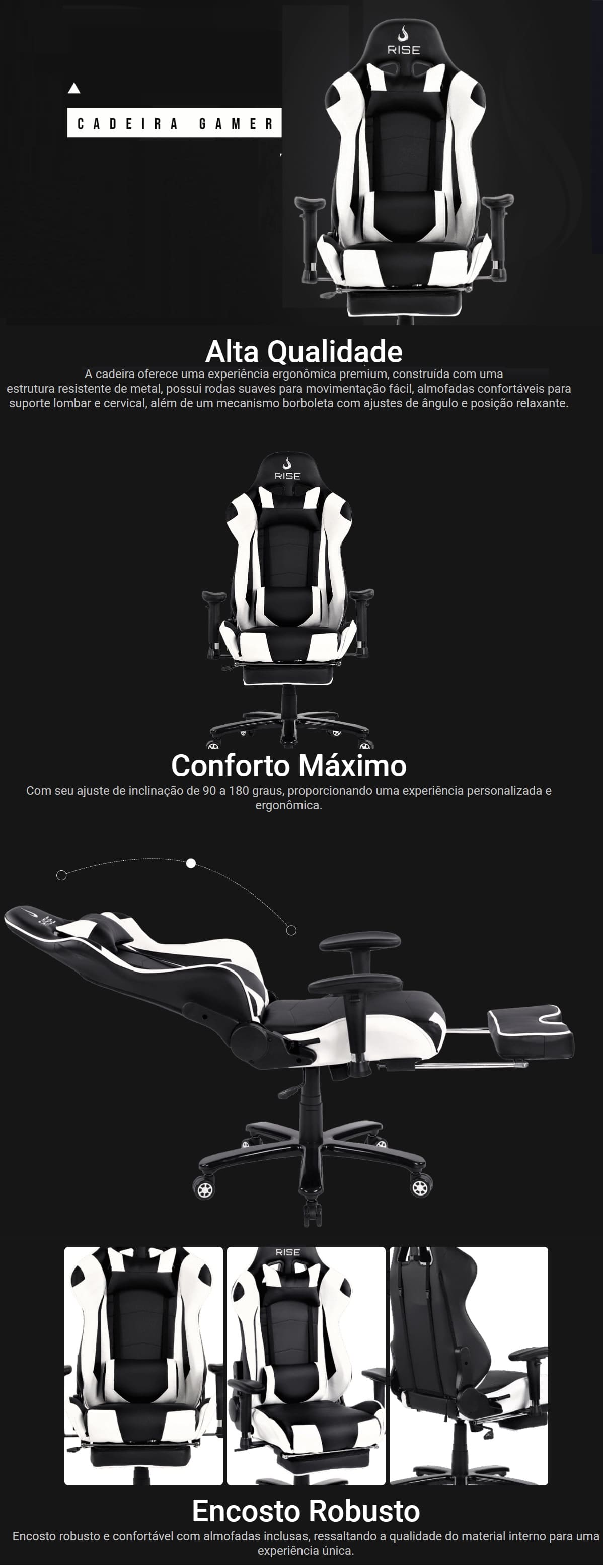 Cadeira Gamer Reclinavel Giratoria Rise com Massageador Preta e Branca mode A1