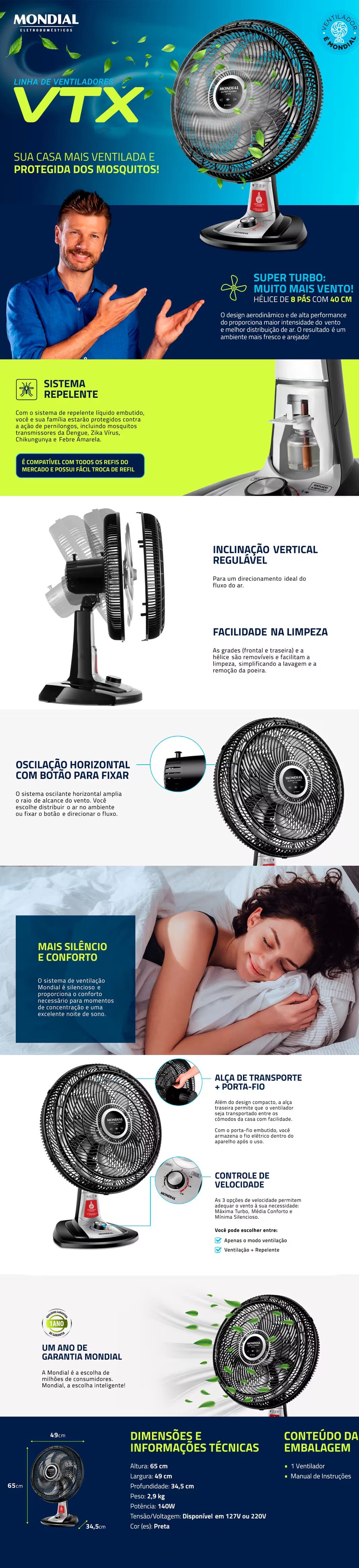 Ventilador de Mesa 40cm Mondial 140W 3 Velocidades Funçao Repelente