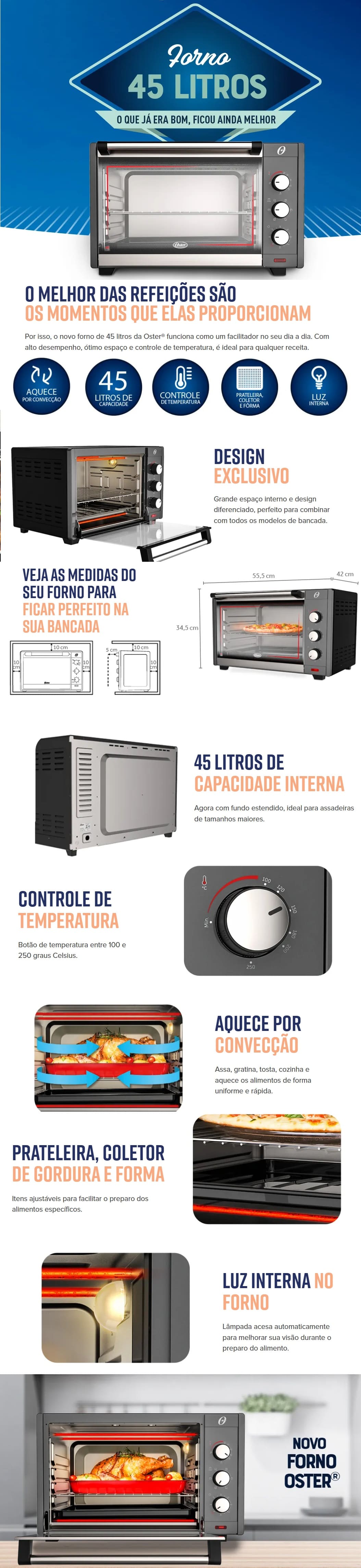 Forno Eletrico Bancada 45L Oster 2000W Grafite OFOR455