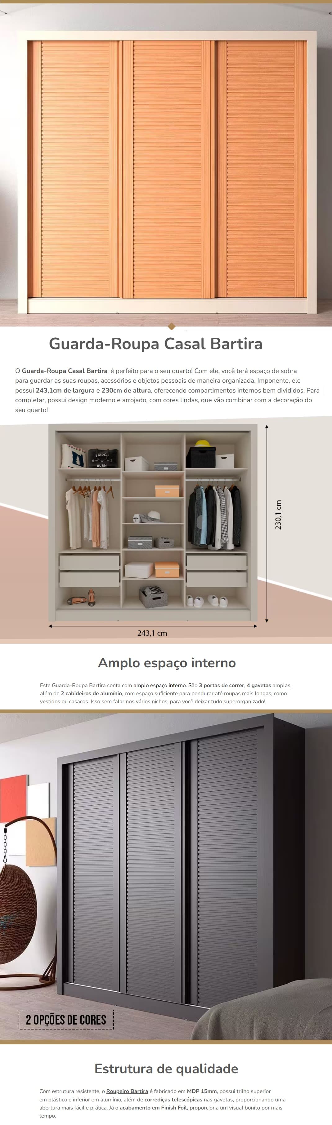 Guarda Roupas Casal MDP Bartira 3 Portas Ripadas 4 Gavetas Village