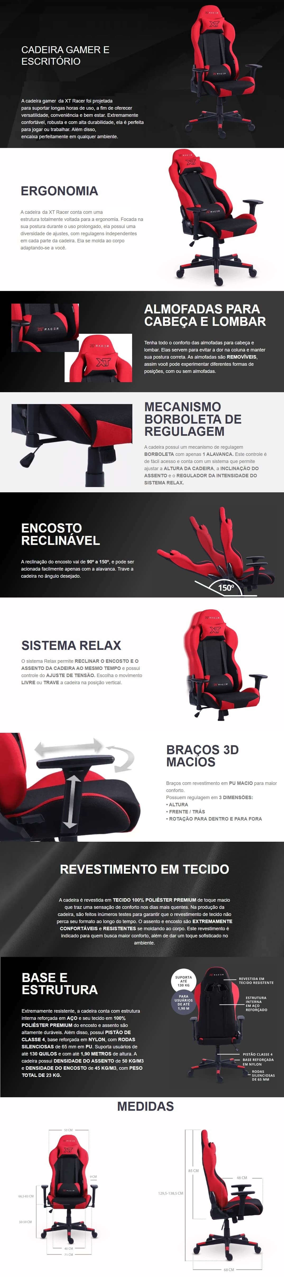 Cadeira Gamer Xt Racer Reclinavel 3D Almofadas Apoio Braços Preto e Cinza Defender