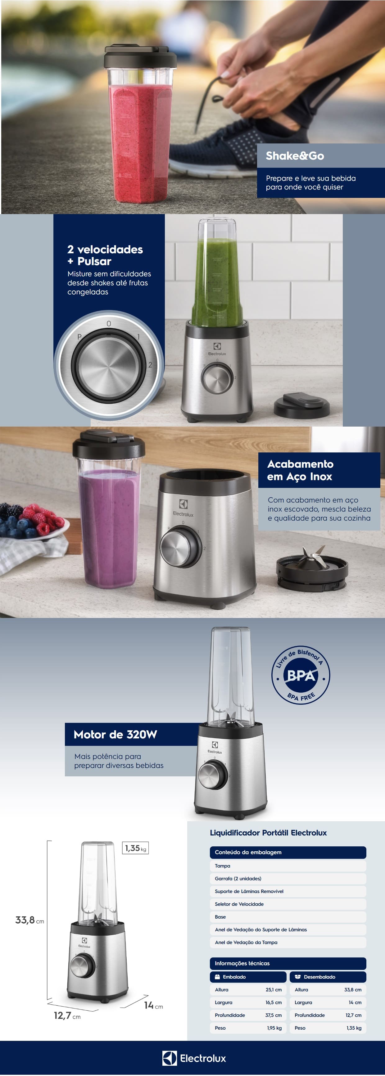 Liquidificador Portatil Electrolux 320W Jarra 1L Blender Inox BSE20