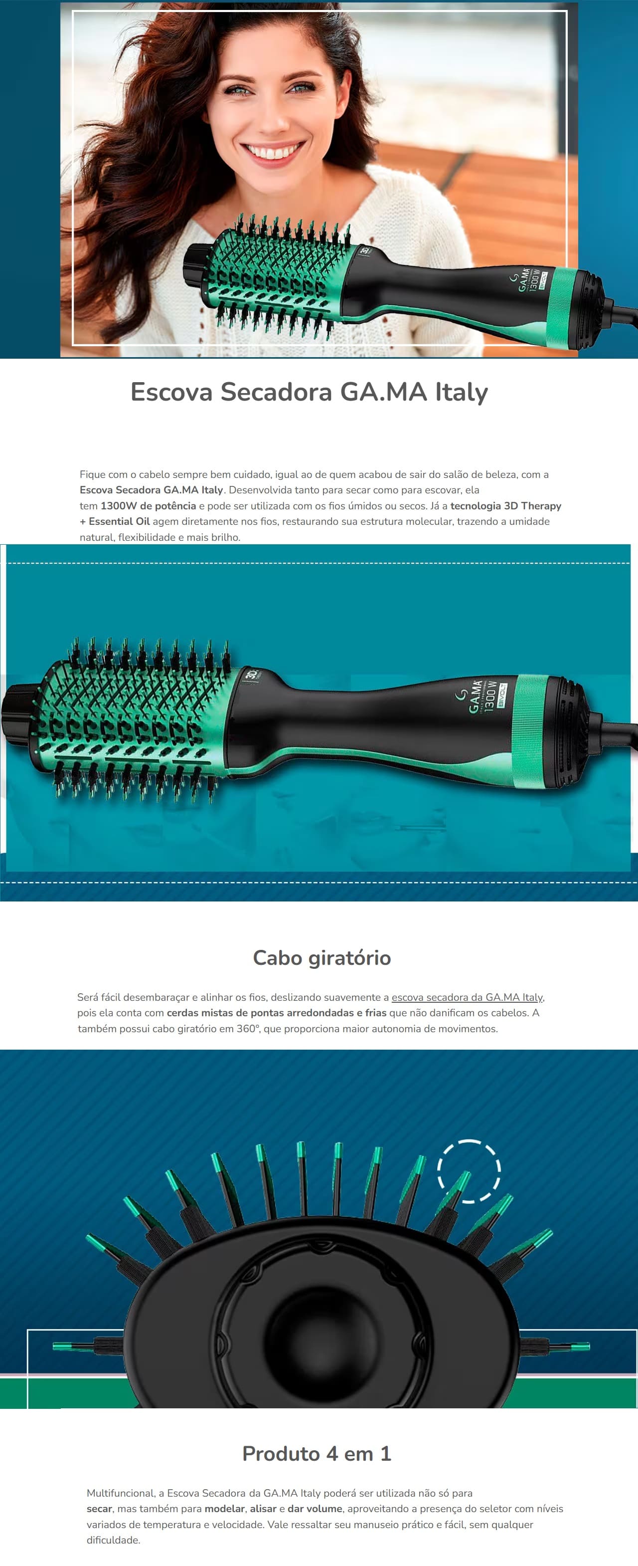 Escova Secadora 4X1 Gama Italy 1300W 2 Velocidades 3 Temperaturas Bivolt Babosa Brush 3D Escova Secadora 4X1 Gama Italy 1300W 2 Velocidades 3 Temperaturas Bivolt Babosa Brush 3D