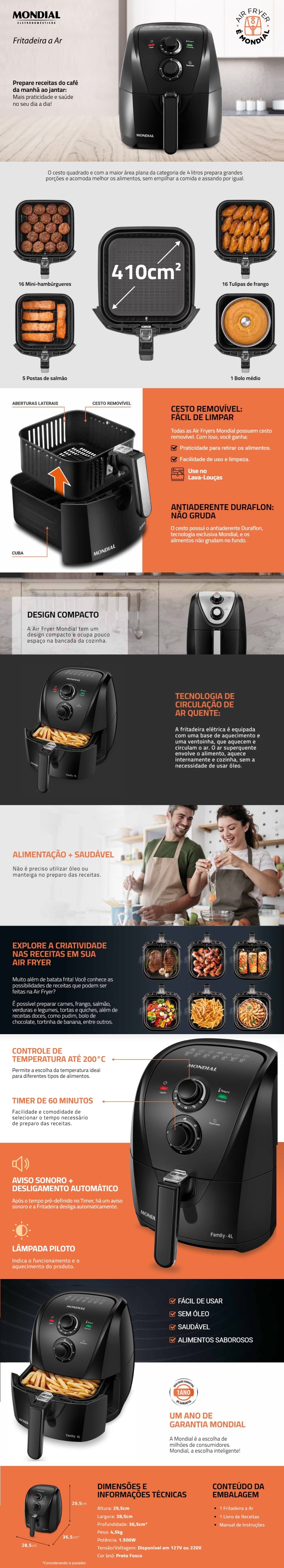 Fritadeira Eletrica 4L Mondial Air Fryer 1500W Timer Preta AFN40BF
