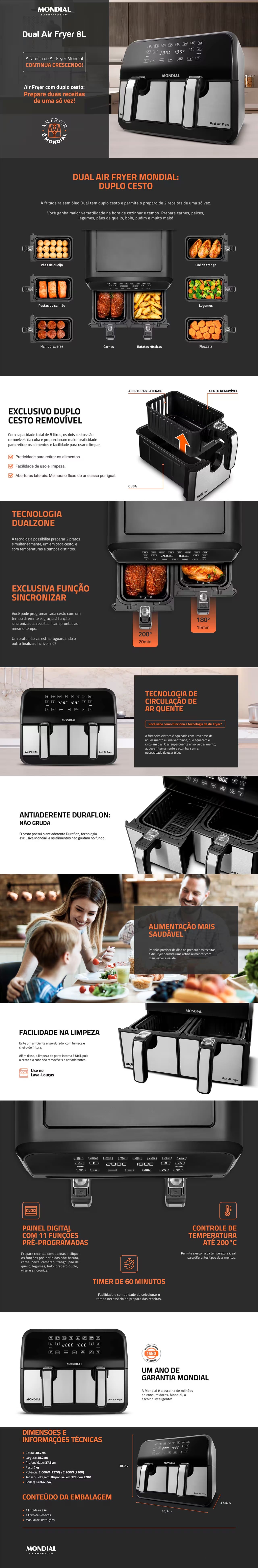 Friadeira Eletrica Air Fryer 8L Mondial Digital 2000W Cesto Duplo Preta Inox AFD01BI