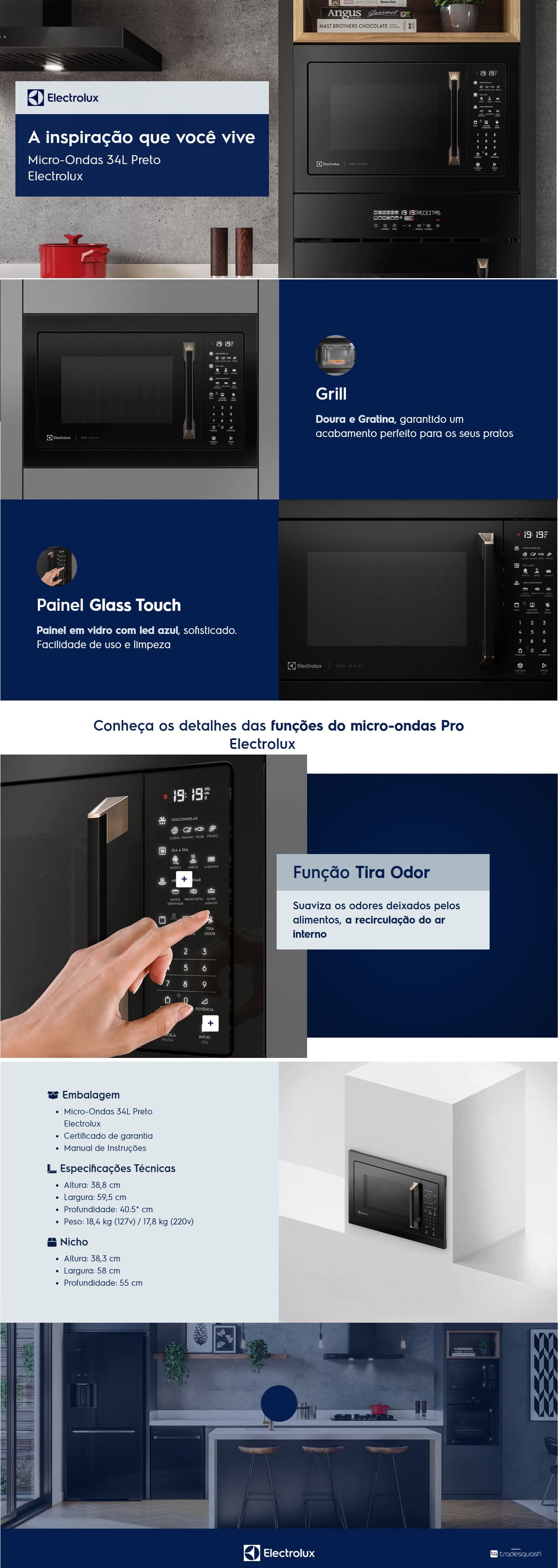 Micro Ondas de Embutir 34L Electrolux 1450W Grill Preto MV43T