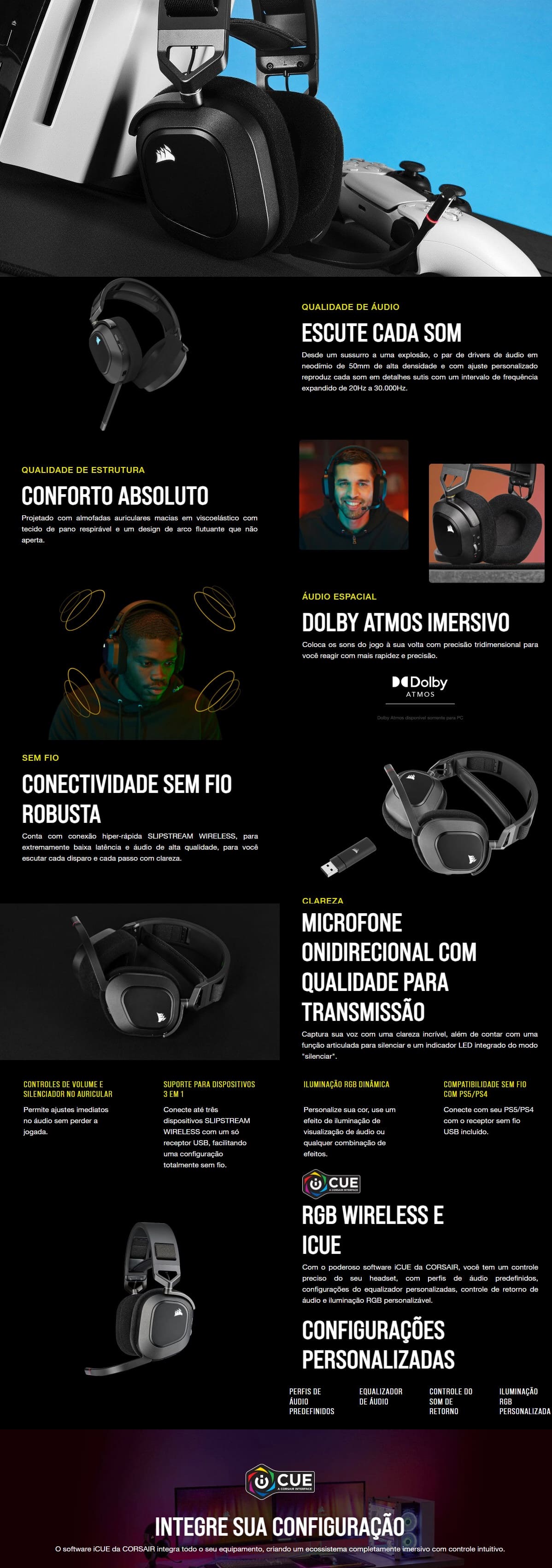 Fone de Ouvido Gamer Corsair RGB 116 db Surround 7 HS80
