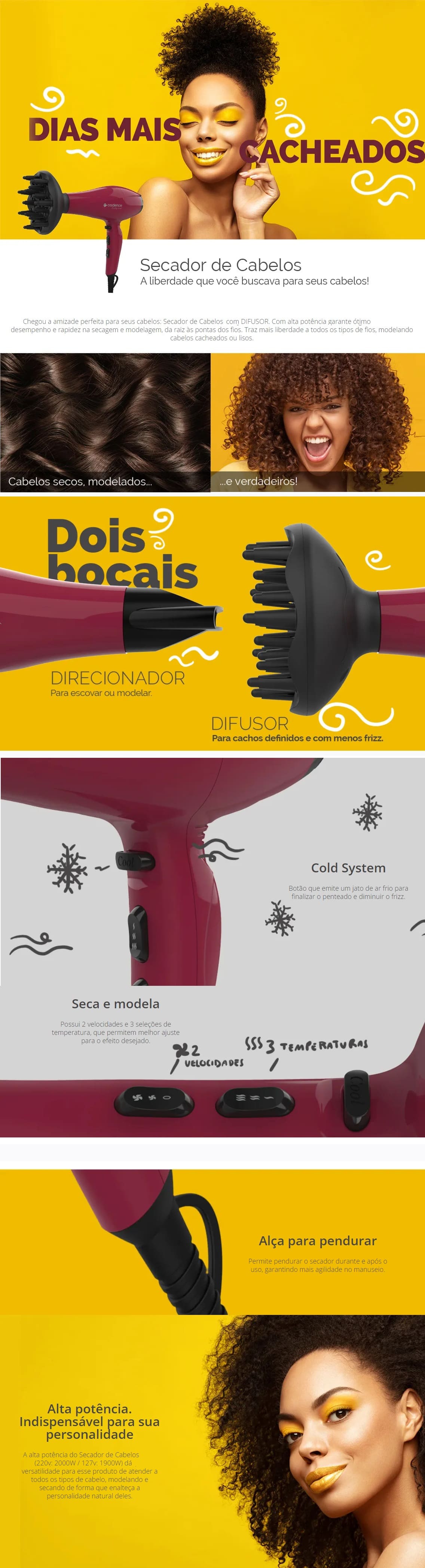 Secador de Cabelos 2000W Cadence 2 Velocidades 3 Temperaturas com Difusor Curly Hair