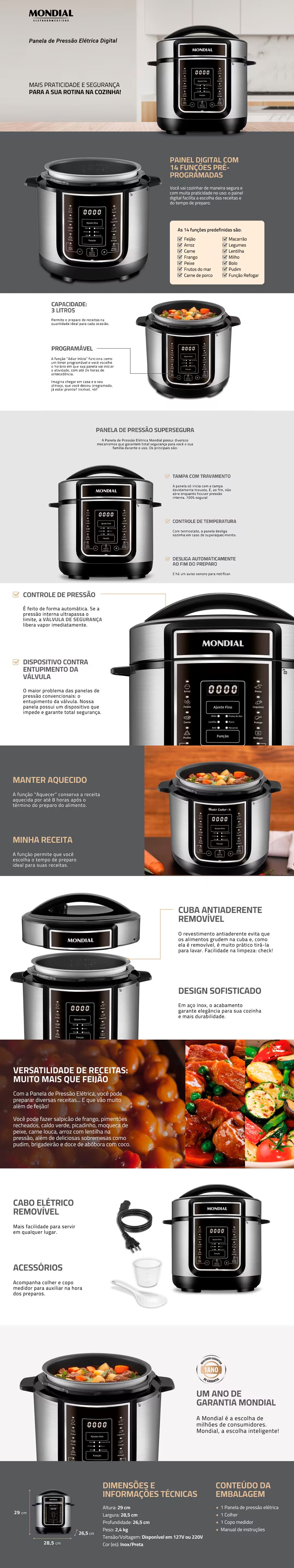 Panela de Pressao Eletrica 3L Mondial 700W 14 Funçoes Preta Inox PE40