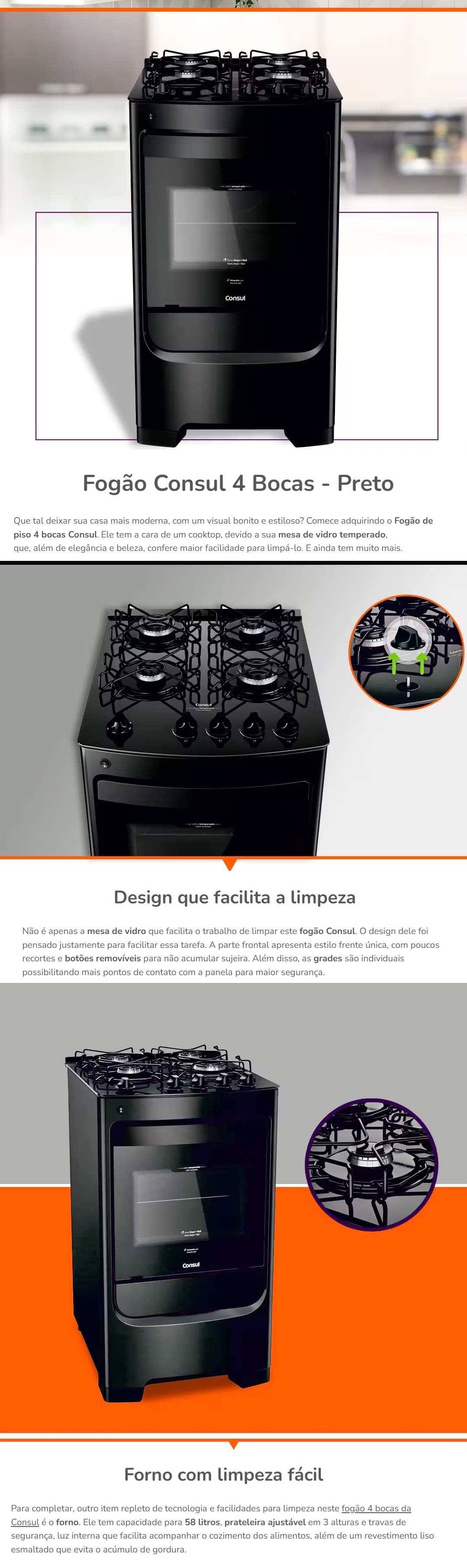 Fogao de Piso Consul 4 Bocas Mesa Vidro 58L Grade Individual Preto Bivolt CFO4VBE