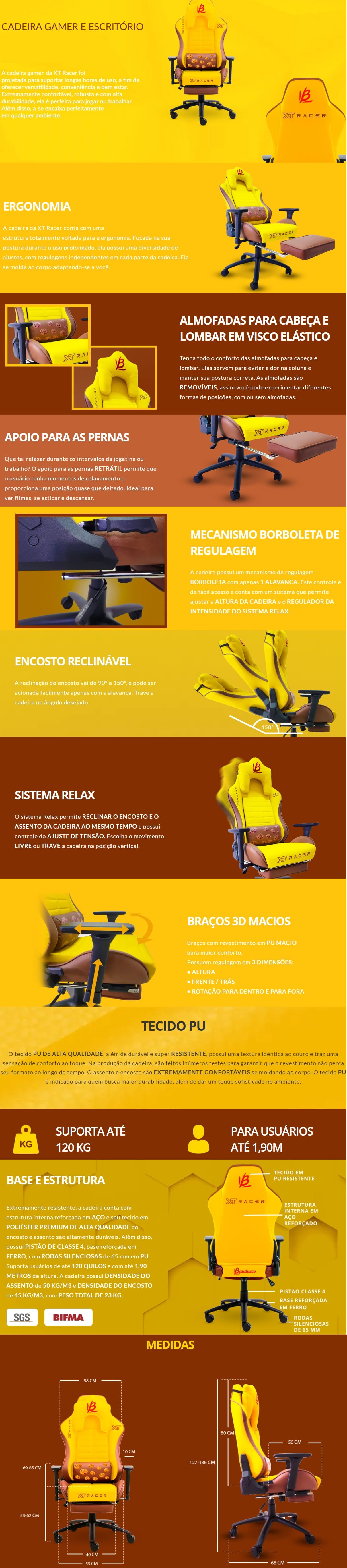 Cadeira Gamer XT Racer Giratoria Apoio Pernas Braços Amarela Bauducco cookies