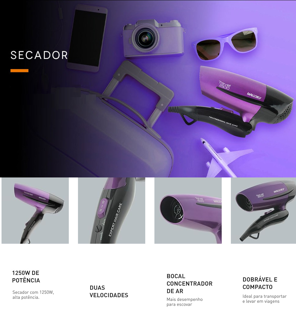 Secador de Cabelos 1250W Mallory 2 Velocidades Bivolt Roxo travel 1500