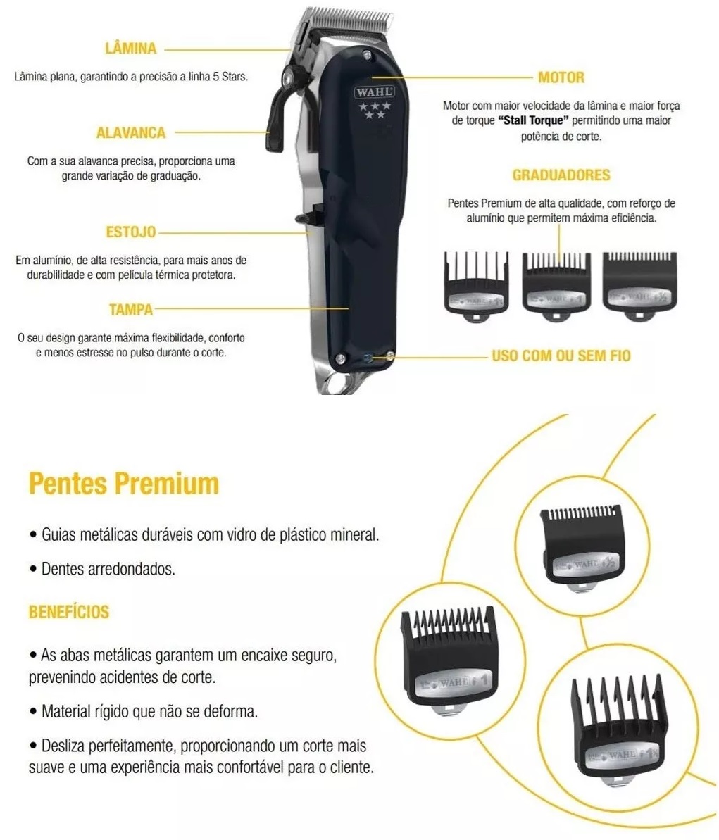 Maquina Cortar Cabelo Wahl 6W Profissional 5 Posiçoes Bivolt Preta 5star senior Cordless 8504400