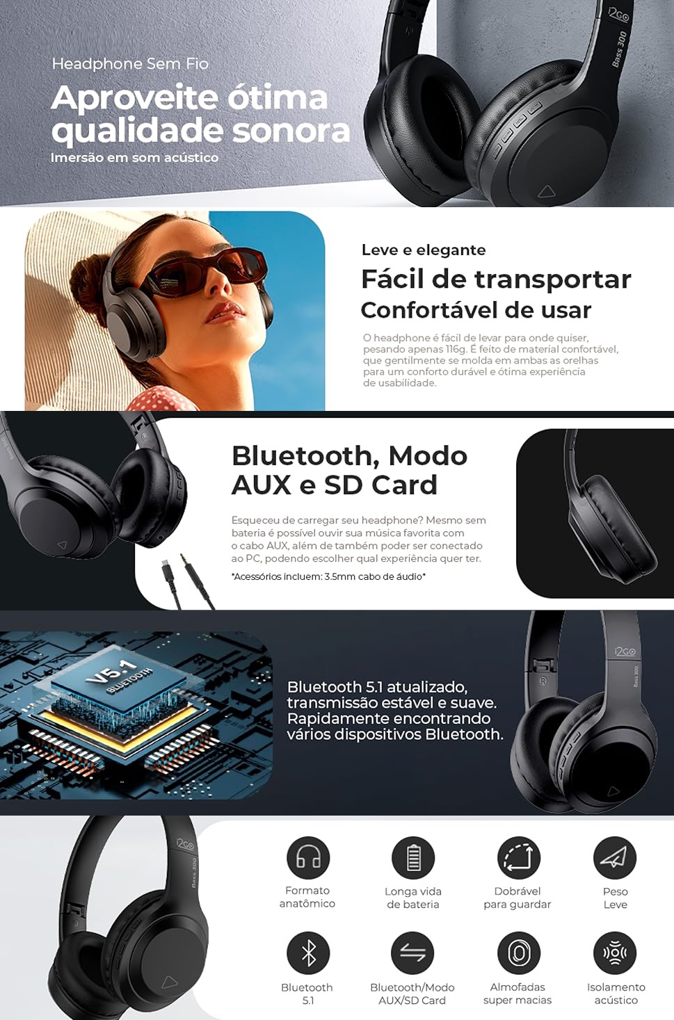 Fone de Ouvido Blueth 91db Microfone Integrado 10H Bateria Preto BASS 300 i2GO