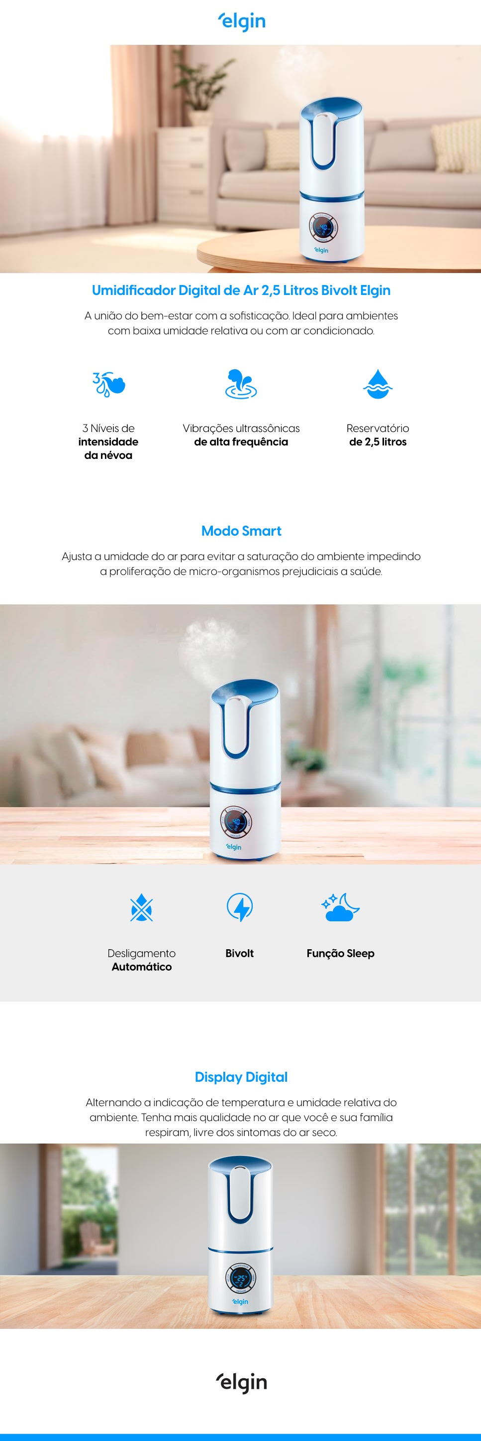 Umidificador de Ar Digital Elgin 2.5L Inteligente Bivolt
