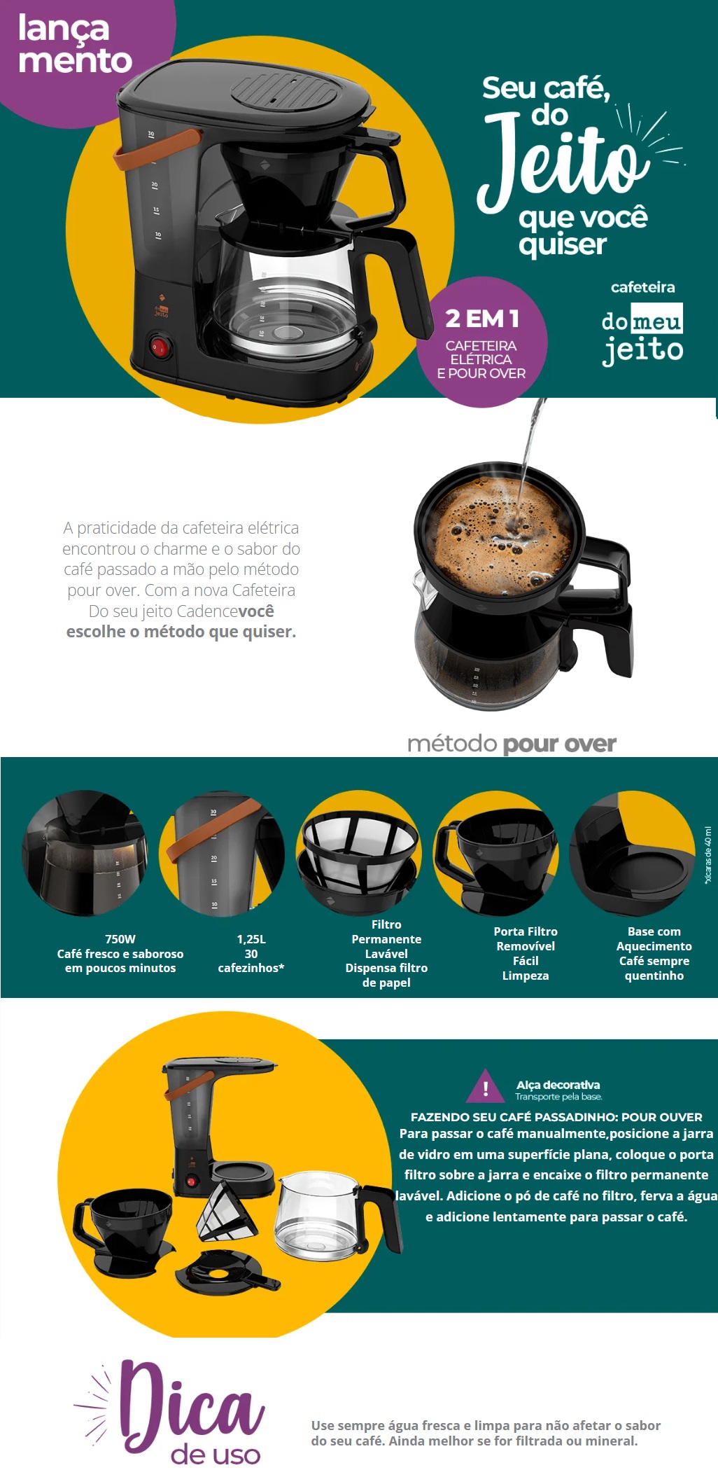 Cafeteira Eletrica 2X1 Cadence 750W 1.25L Base com Aquecimento CAF500
