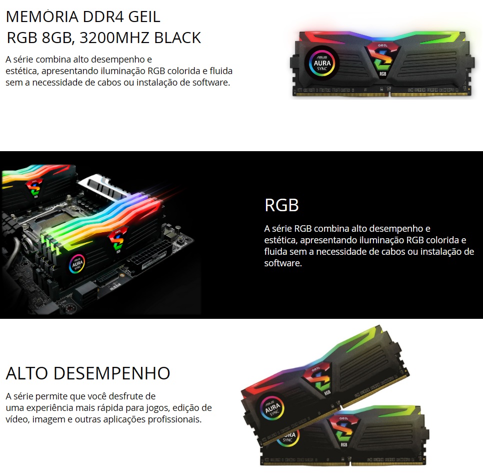 Memoria Ram 8gb Geil 3000mhz DDR4 RGB Preta