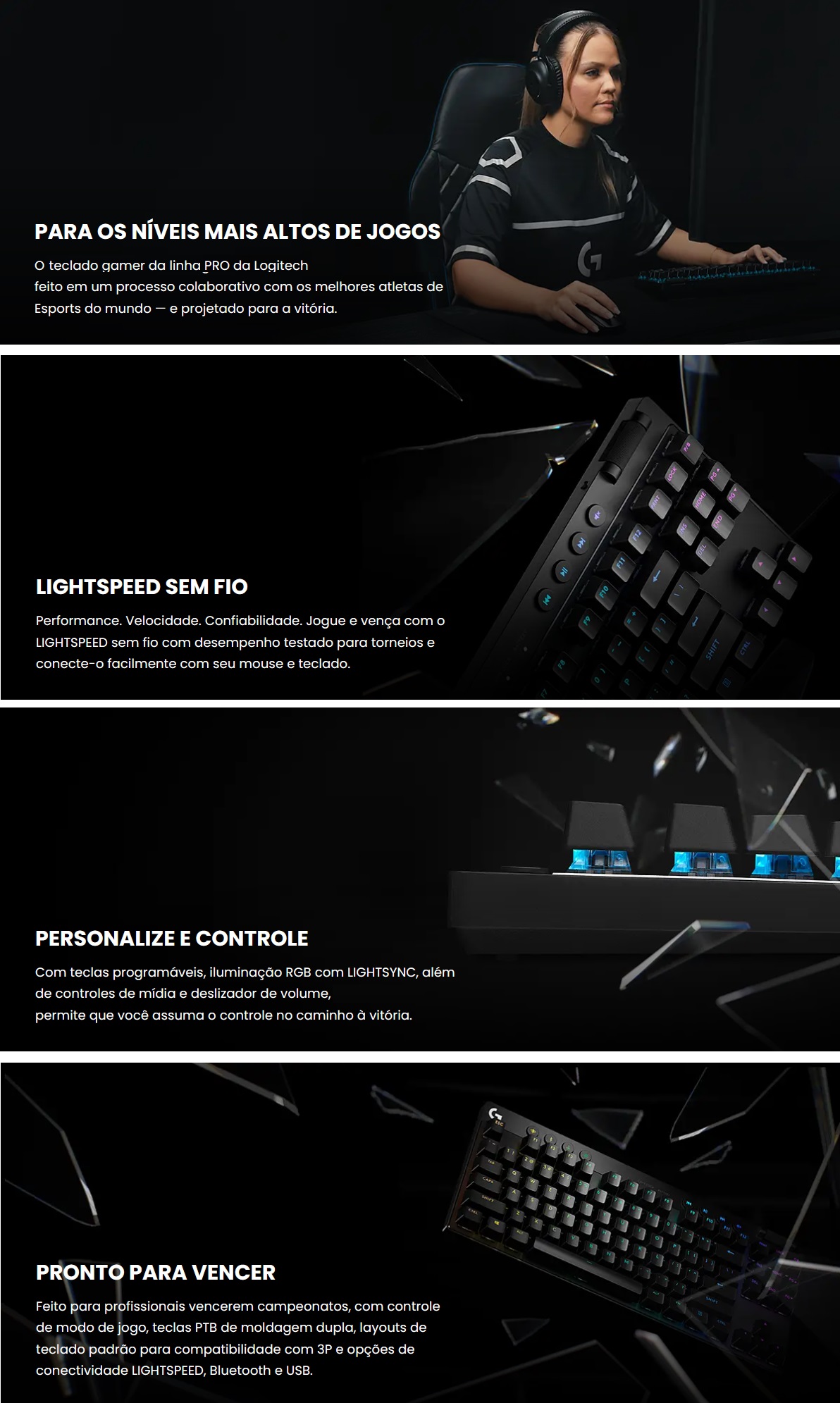Teclado Sem Fio Gamer Mecanico Logitech RGB Preto Layout US Preto PRO X TKL