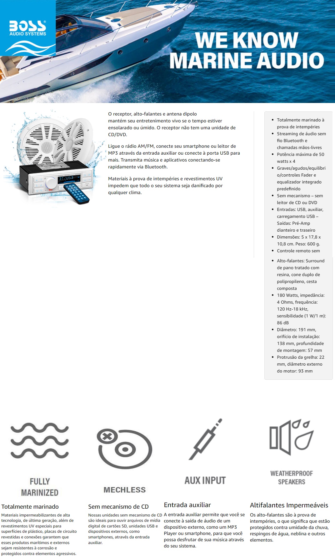 Radio Receptor Naval MP3 Boss Audio Bluetooth AM FM Branco MR500UAB