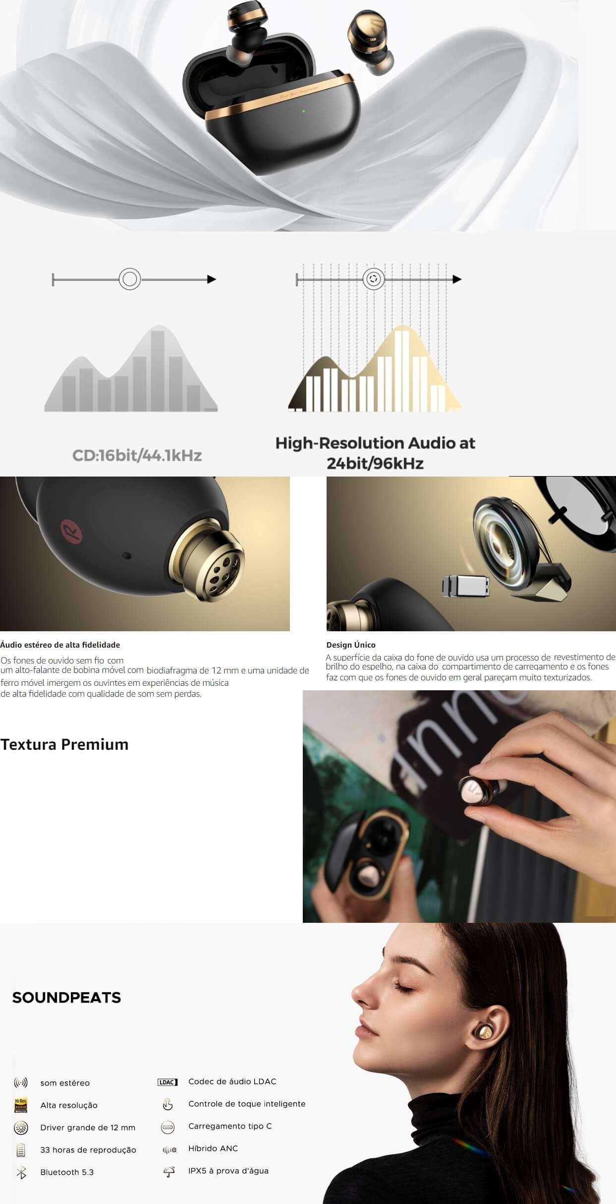 Fone de Ouvido Sem Fio Microfone com Cancelamento Ruido Preto SoundPEATS opera05