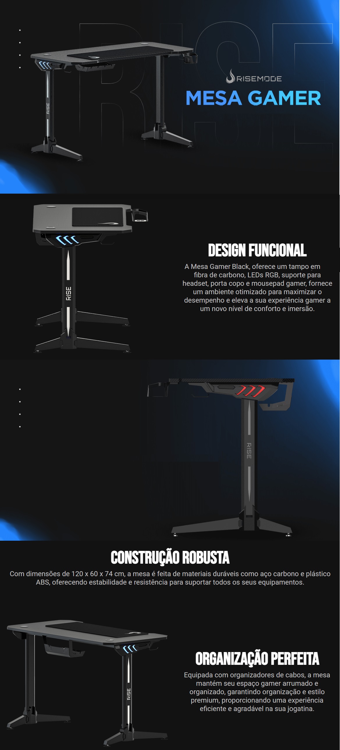 Mesa Gamer MDF RGB Rise Suporte Porta Copos Preta mode 06