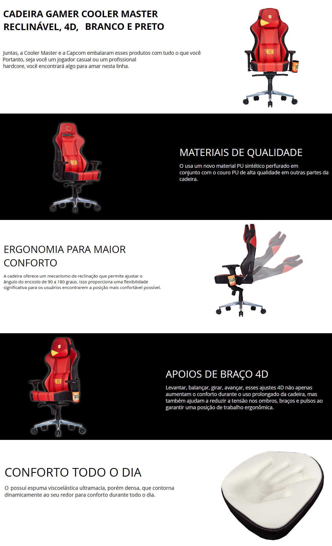 Cadeira Gamer Cooler Master Reclinavel Apoio Braços Cabeça Ryu Chun LI CMIGCX2RYU CMI-GCX2CHUNLI