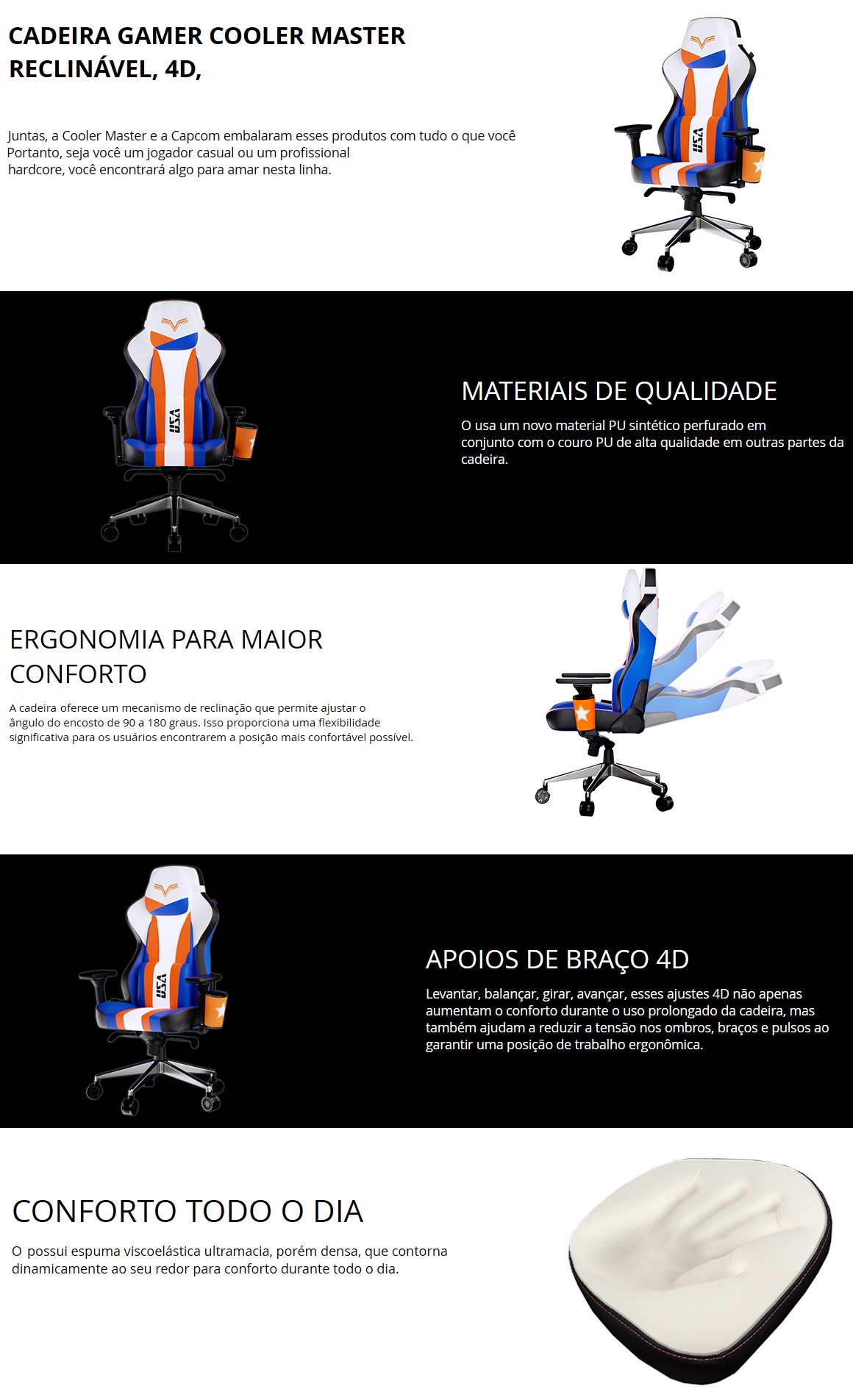 Cadeira Gamer Cooler Master Reclinavel Apoio Braços Cabeça Ryu Chun LI CMIGCX2RYU CMI-GCX2CHUNLI
