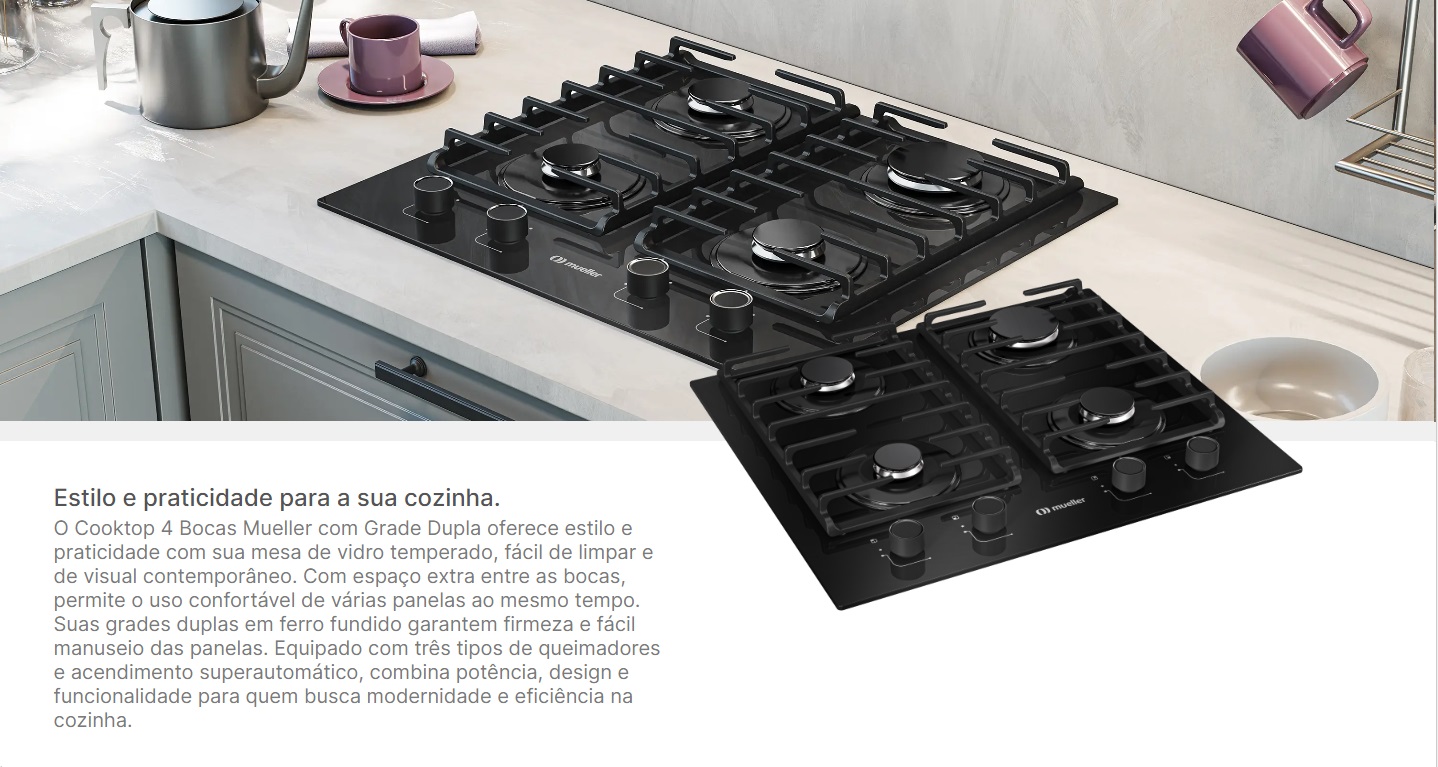 Fogao Cooktop 4 Bocas Mueller 59cm Grade Dupla Preto Bivolt MCG4BM