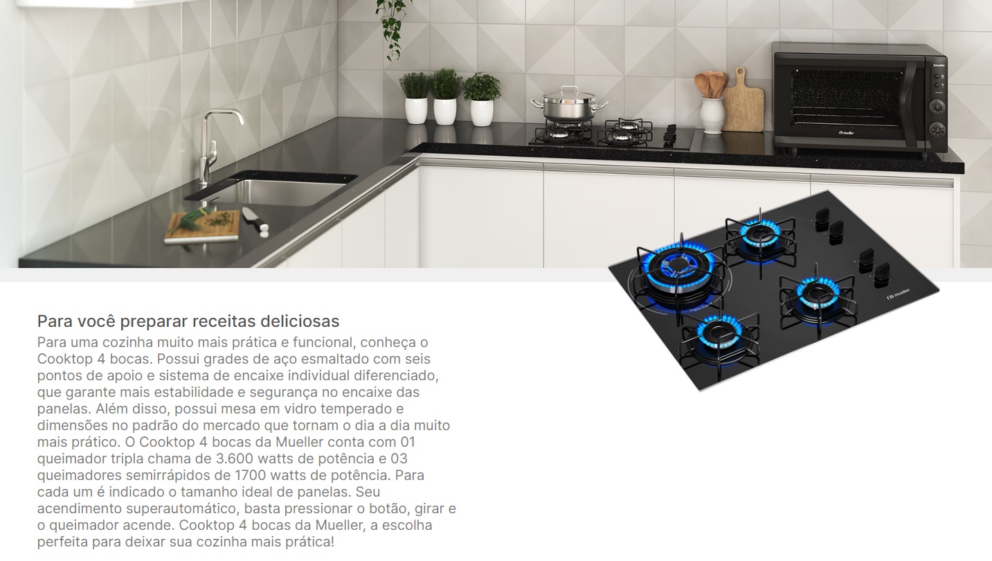Fogao Cooktop 4 Bocas Mueller 59cm Grade Dupla Preto Bivolt MCG4BM