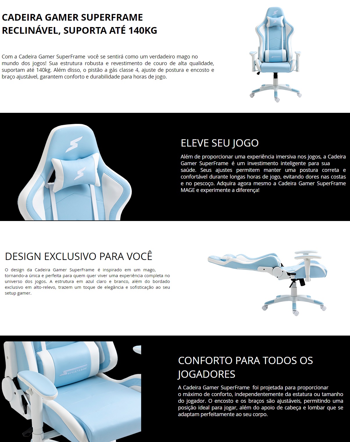 Cadeira Gamer Reclinavel Superframe Giratoria Apoio Braços Lombar Azul e Branco mage