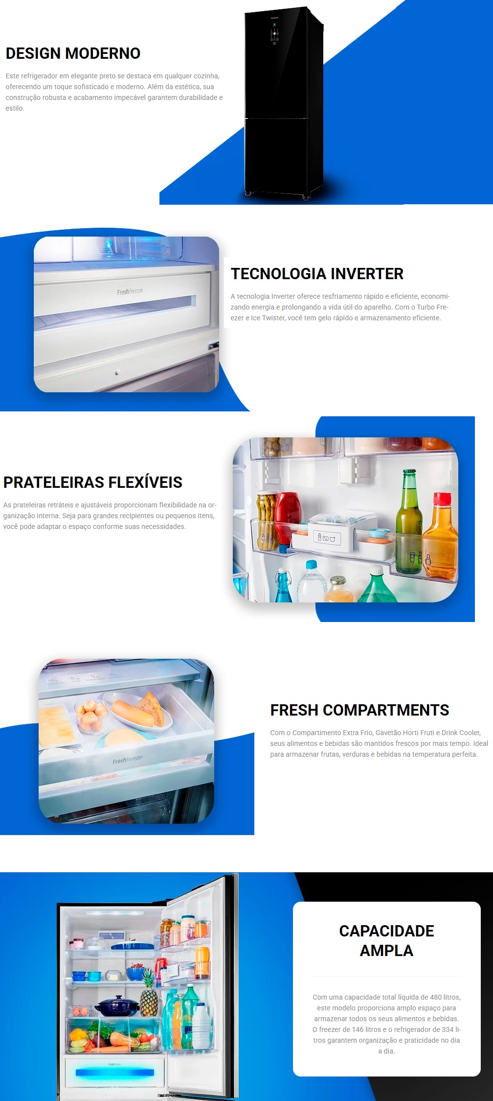 Geladeira Panasonic Duplex Frost Free 425L Black Glass BB53